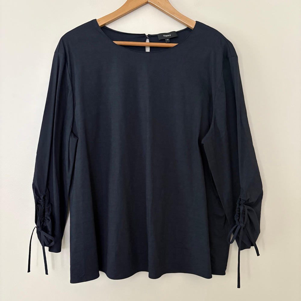Theory Top Eco Crunch XXL Black Sleeve Tie Top Linen Blend Ruched Sleeve